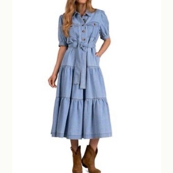 Elan Cotton Denim Tiered Shirt Dress XS Button Front A Line Puff Sleeve Blue - Picture 2 of 8